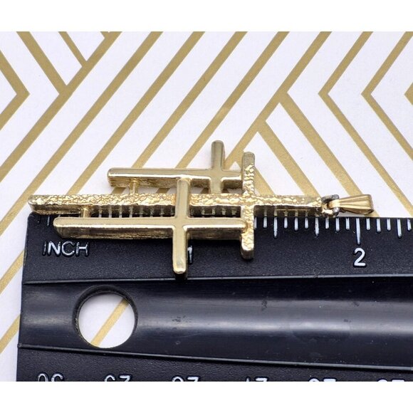 Beautiful 3 Cross 2" Pendant in Textured & Smooth Gold Tone Religious Gift - Picture 6 of 6